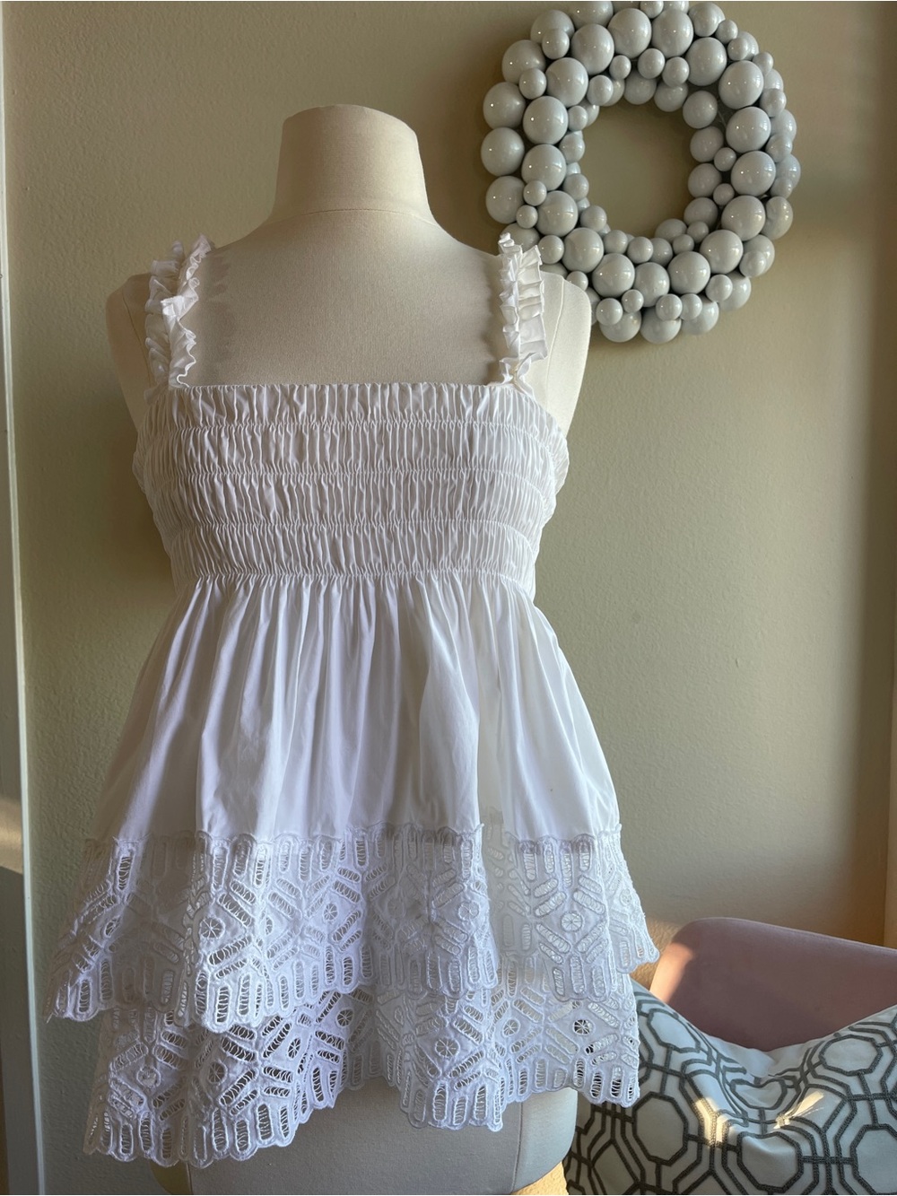 Tory Burch White Smocked Tiered Lace-Trim Dress